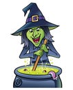 Wicked Witch Laughing and Stirring Green Bubbling Cauldron