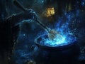 A Witch Stirs a Cauldron of Blue Potion in a Dark Room Royalty Free Stock Photo