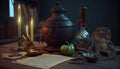 Witch table, witchcraft, ritual spells, Halloween. AI generated