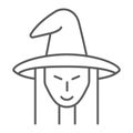 Witch thin line icon, witchcraft and halloween, witch face sign, vector graphics, a linear pattern on a white background