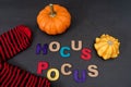 Witch tights, `Hocus Pocus`, phrase made from wooden letters and little pumpkins