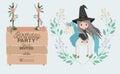 Witch with unicorn and label wooden invitation card Royalty Free Stock Photo