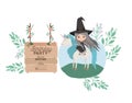 Witch with unicorn and label wooden invitation card Royalty Free Stock Photo