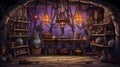 Witch or wizard alchemical laboratory with magic books and potions with mystic glow at night. Alchemist lab interior Royalty Free Stock Photo