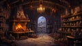 Witch or wizard alchemical laboratory with magic books and potions with mystic glow at night. Alchemist lab interior Royalty Free Stock Photo