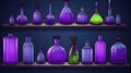 Witch or wizard alchemical laboratory with magic books and potions with mystic glow at night. Alchemist lab interior Royalty Free Stock Photo