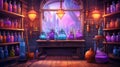 Witch or wizard alchemical laboratory with magic books and potions with mystic glow at night. Alchemist lab interior Royalty Free Stock Photo