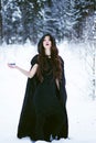 Witch or woman in black cloak with glass ball in white snow forest Royalty Free Stock Photo