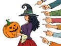Witch Woman With Pumpkin Halloween, Seasonal Holiday, Shame Shaming Bullying Theme. Isolate On A White Background