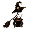 Witch's hat, broomstick and potion cauldron black.