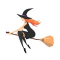 The witch, a young woman with red hair, is flying on a broomstick. Vector illustration of a modern flat design