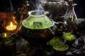 Witchcraft cauldron with brewing magic green poison. Generative AI