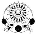 Composition of decorated sun, moon and bird skulls