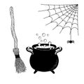 Witchcraft concept with cauldron, broom and spider web. Mystic halloween sketch. Isolated vector illustration Royalty Free Stock Photo