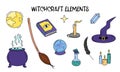 Witchcraft elements vector set. Witch doodle attributes magic ball, spell book, cauldron, broom, hat. Halloween and wizard symbols Royalty Free Stock Photo