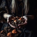 Witchcraft. Female witch\'s hands holding mushrooms, close up. AI generated image