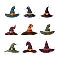 Witchcraft hats set. Caps by wizard and magicians colored masquerade elements Halloween traditional creepy holiday Royalty Free Stock Photo