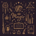 Witchcraft, magic background for witches and wizards. Wicca and pagan tradition. Vector vintage collection. Hand drawn Royalty Free Stock Photo