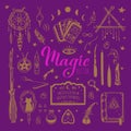 Witchcraft, magic background for witches and wizards. Wicca and pagan tradition. Vector vintage collection. Hand drawn Royalty Free Stock Photo