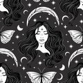 Witchcraft magic witch woman beautiful girl with moon and butterfly dreamy vector seamless pattern