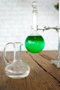 Edible green potion or lab testing in laboratory flask