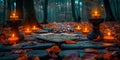 Witchcraft Ritual altar with Candles, Tarot cards and Crystal Balls in forest. Divination and Magic Rituals of Walpurgis Night,