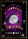 Witchcraft ritual with full moon and waxing waning moon phases
