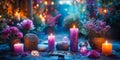 Witchcraft Ritual scene with Candles, Occult Library, Tarot cards and Crystal Balls. Divination and Magic Rituals of Walpurgis