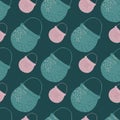 Witchcraft seamless pattern with blue and lilac colored pots elements. Navy blue background Royalty Free Stock Photo