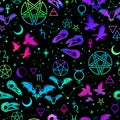 Seamless pattern with different magic elements and animals