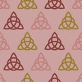 Witchcraft seamless pattern in pastel color. Triquetra, celtic knot sign. Scandinavian protective amulet