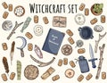 Witchcraft set. Collection of wiccan magical items doodles for occult rituals. Hand drawn pagan elements collection. Occult altar
