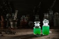 Witchcraft still life concept with potion, herbs ingredients candles and magical equipment Royalty Free Stock Photo