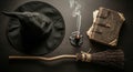 Witchcraft Tools - Hat, Broom, and Spellbook on Dark Background Royalty Free Stock Photo