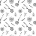 Witchcrafts seamless pattern with broom, feathers and flowers - line art background. Modern witch black outline vector Royalty Free Stock Photo