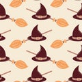 Witchcrafts seamless pattern cartoon style. Isolated vector broom stick and witch hat in endless background for Halloween Royalty Free Stock Photo