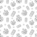 Witchcrafts seamless pattern with jars, salt and crystal on white background. Modern witch black outline vector Royalty Free Stock Photo