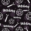 Witchery seamless pattern with magic wands and satanic pagan pentagram