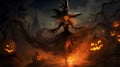 witches in the black night with pumpkins around her, in the style of epic fantasy scenes