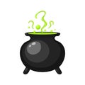 Witches black steel cauldron with boiling green magic potion isolated on white background. Decorative element for Halloween.