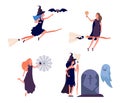 Witches characters. Cute woman flies on broomstick. Halloween fairy tale people. Girl with spiders, magic female in