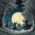 Witches\' coven dancing under a full moon.