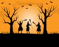 Witches dance with brooms. Halloween coven. Black silhouettes of women and trees