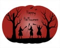 Witches dance with brooms. Halloween coven. Black silhouettes of women and trees on red background in pumpkin shape