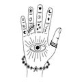 Witches hand with bracelet black outline line art. Hand drawing modern witchcraft vector illustration.