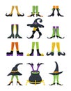 Witches leg vector set. Halloween funny, scary feet boots. Vintage, colorful stockings of witch