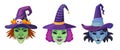 Witches mask. Halloween scary witch faces, carnival head disguise evil masks for scary helloween masquerade costume Royalty Free Stock Photo