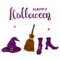 Witches shoes with purple hat and broom and text Happy Halloween Royalty Free Stock Photo