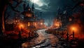 Halloween spooky night with an old road leading to haunted house. Generative AI