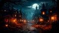 Halloween spooky night with an old road leading to haunted house. Generative AI